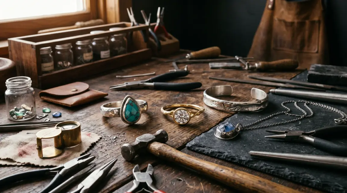 Eine Goldschmiedebank mit fertigen Stücken: ein Türkisring, ein Goldring mit Stein, ein Armreif und ein Anhänger, dazwischen Hammer und Zangen.