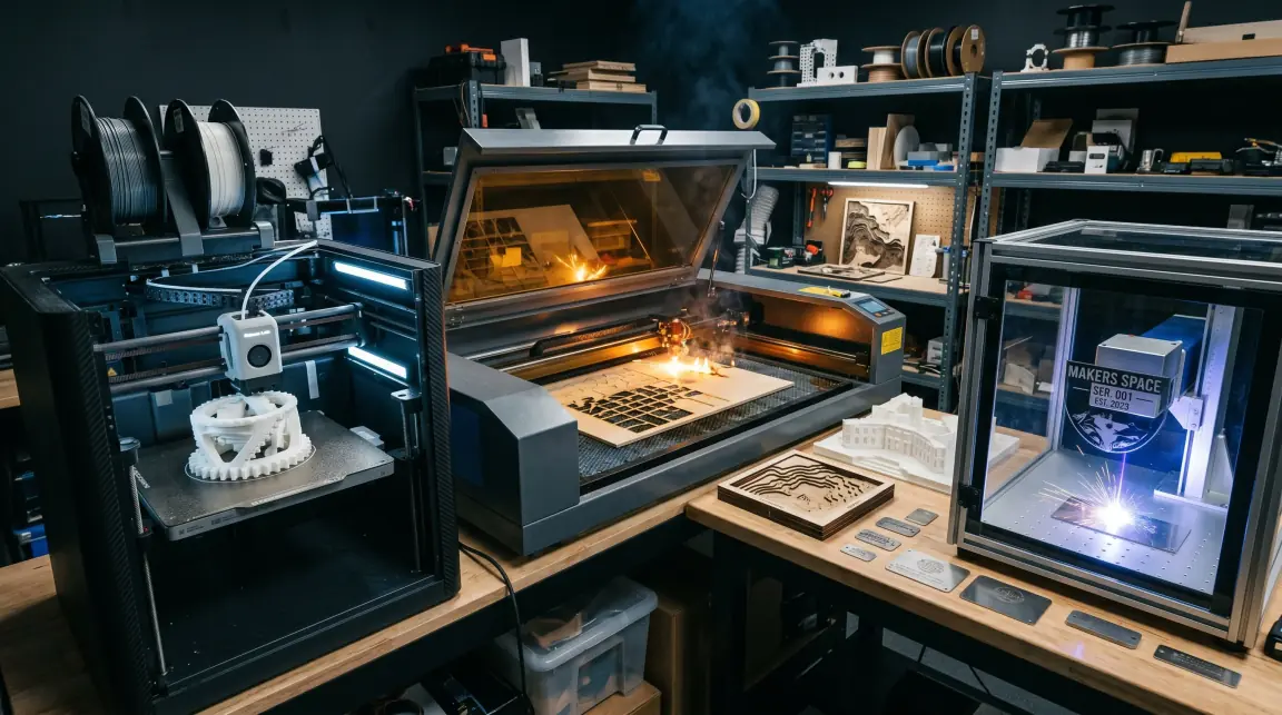 Pracownia z trzema maszynami naraz: drukarka FDM z wydrukiem, laser CO2 grawerujący płytę i laser światłowodowy znakujący tabliczkę.